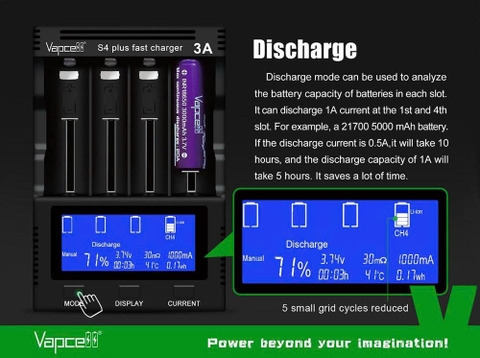 Sạc Vapcell S4 Plus V3.0 USB-C – 4 khe 3A, Test dung lượng, Repair, powerbank