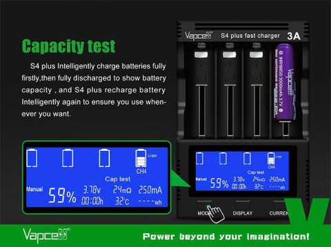 Sạc Vapcell S4 Plus V3.0 USB-C – 4 khe 3A, Test dung lượng, Repair, powerbank