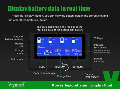 Sạc Vapcell S4 Plus V3.0 USB-C – 4 khe 3A, Test dung lượng, Repair, powerbank