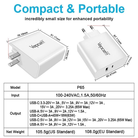 Củ sạc nhanh Vapcell P65 Adapter 65W – USB-C PD & USB-A QC