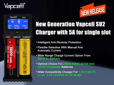 Sạc đôi Vapcell SU2 – Sạc nhanh thông minh 2 khe, hỗ trợ pin Li-ion & Ni-MH