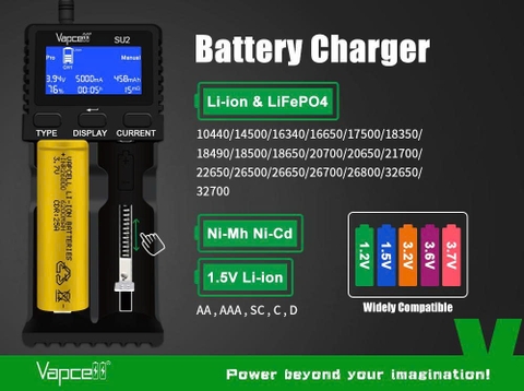 Sạc đôi Vapcell SU2 – Sạc nhanh thông minh 2 khe, hỗ trợ pin Li-ion & Ni-MH
