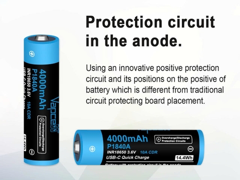 Pin 18650 Vapcell P1840A 4000mAh – Sạc USB-C, dòng xả 10A có mạch bảo vệ