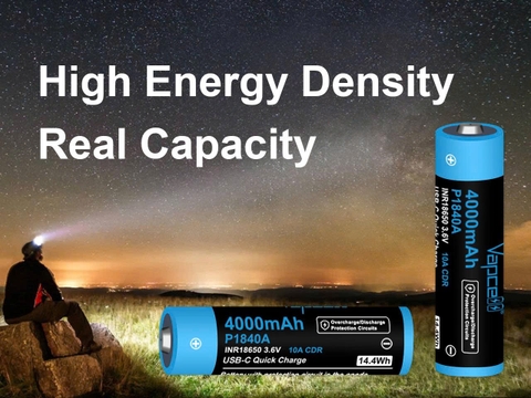 Pin 18650 Vapcell P1840A 4000mAh – Sạc USB-C, dòng xả 10A có mạch bảo vệ
