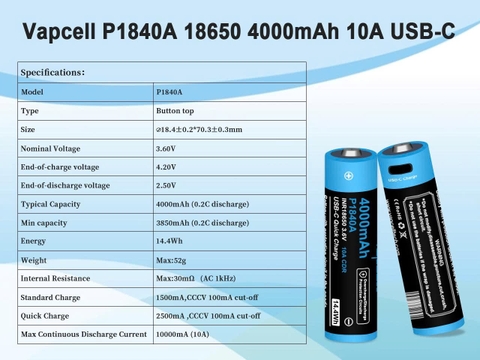 Pin 18650 Vapcell P1840A 4000mAh – Sạc USB-C, dòng xả 10A có mạch bảo vệ