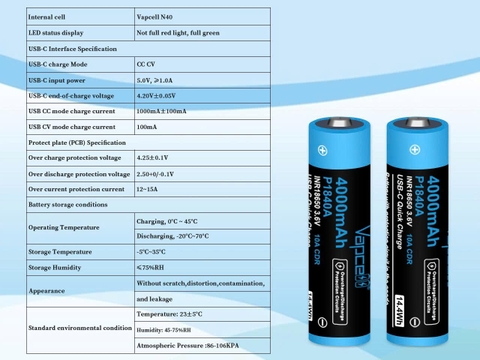 Pin 18650 Vapcell P1840A 4000mAh – Sạc USB-C, dòng xả 10A có mạch bảo vệ