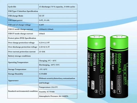 Pin 21700 Vapcell P2160A 6000mAh USB-C – Dòng xả 12.5A, sạc USB-C