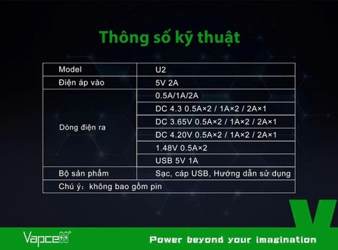 Sạc pin đôi thông minh VAPCELL U2 dòng sạc nhanh 2A