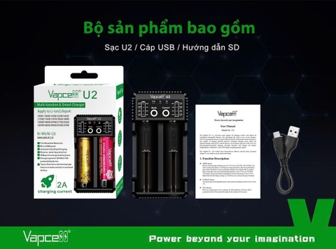 Sạc pin đôi thông minh VAPCELL U2 dòng sạc nhanh 2A