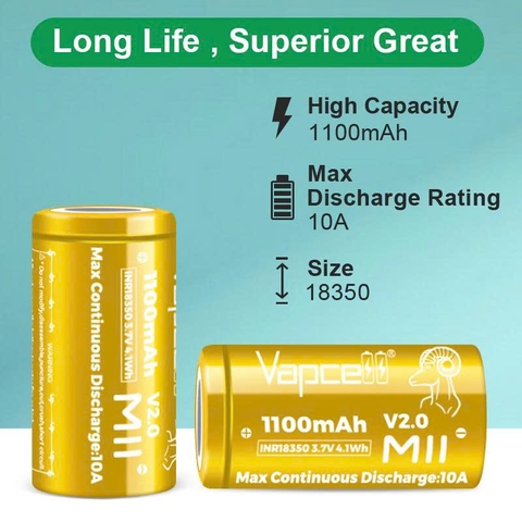 Pin sạc 18350 Vapcell M11 V2.0 – 1100mAh, 10A xả liên tục