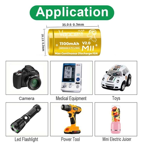 Pin sạc 18350 Vapcell M11 V2.0 – 1100mAh, 10A xả liên tục