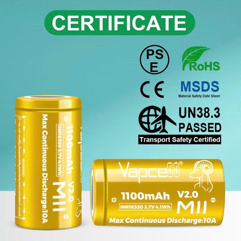 Pin sạc 18350 Vapcell M11 V2.0 – 1100mAh, 10A xả liên tục