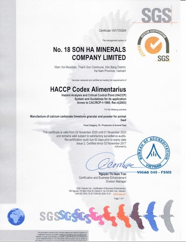 Chứng nhận HACCP của Nhà máy đá vôi Sơn Hà 18