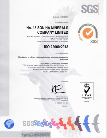 Chứng nhận ISO 22000:2018 của Nhà máy đá vôi Sơn Hà 18