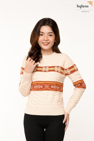 H2109 Áo len nữ DT cổ tròn, đan phên, họa tiết ngực