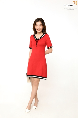 H2120 Đầm len nữ NT cổ tim bẻ 100%viscose