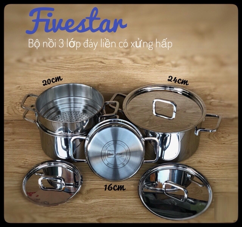 Bộ nồi Inox Fivestar 3 nồi 1 xửng hấp đáy liền