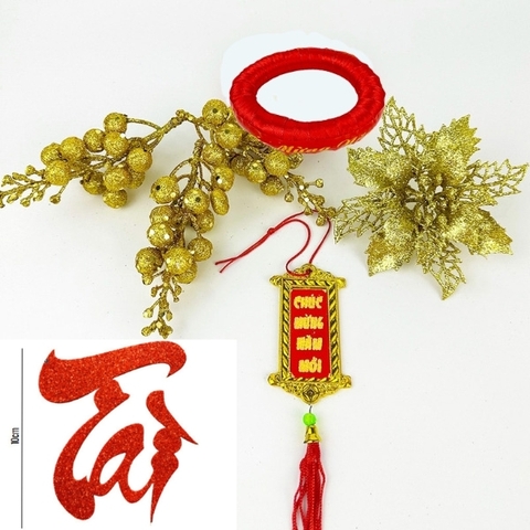 Combo 4 phụ kiện dát dừa chữ Tài thường - đế vàng ( 3 sung , 1 khánh, 1 hoa trạng, 1 đế vàng)