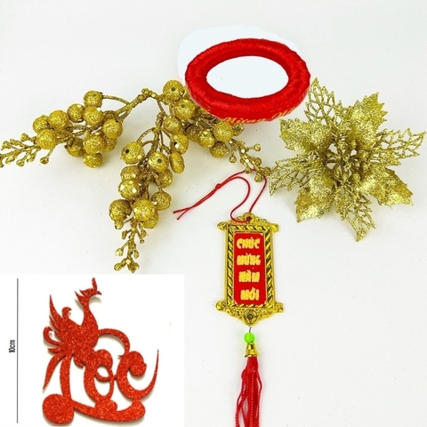 Combo 4 phụ kiện dát dừa chữ Lộc Phượng - đế VÀNG (1 hoa trạng, 3 sung, 1 khánh, 1 đế vàng)