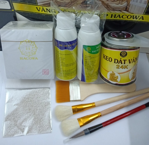Combo 500 lá bạc Hacowa kèm keo 24k, phủ 2k dụng cụ bút chổi