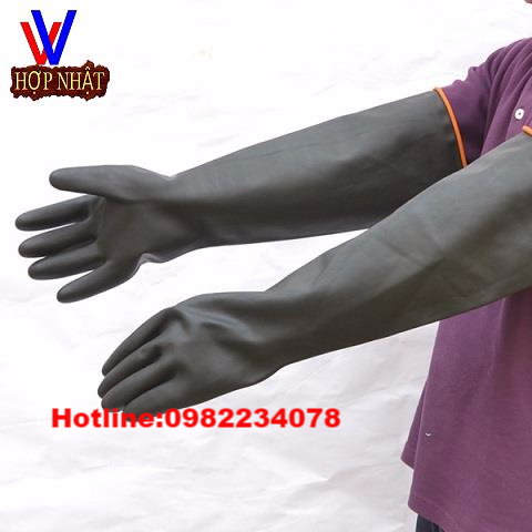 Găng tay cao su màu đen chống axit công nghiệp dài 55cm
