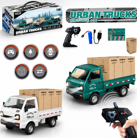 Xe Ô Tô Điều Khiển Từ Xa Urban Trucks 1:16 RC Đồ Chơi Xe Oto Tải Chở Hàng Pin Sạc Có Đèn LED Cho Bé.