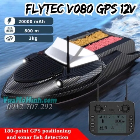 Thuyền Mồi Câu Cá Điều Khiển Từ Xa Flytec V080 Phiên Bản Fish Finder– GPS 800M,Tải Mồi 3KG, Pin 12V Khủng, Công Nghệ Dò Cá Sonar Hiện Đại, Tự Động Quay Về Điểm Câu