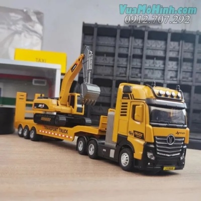 Mô hình tĩnh đồ chơi xe ô tô tải Excavator Transport Truck tỷ lệ 1:32 bằng hợp kim cao cấp mở được cửa, đèn và âm thanh