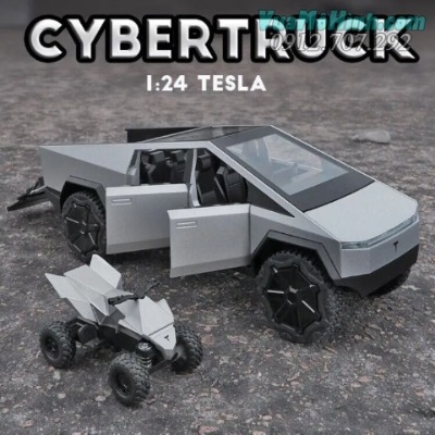 Mô hình tĩnh đồ chơi siêu xe ô tô điện Tesla Cybertruck bằng hợp kim tỉ lệ 1:24 hãng Chezhi mở được cửa, cốp, đèn, âm thanh và có kèm theo xe máy