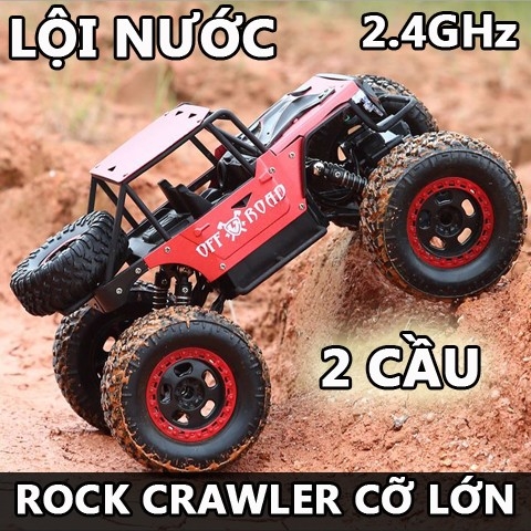 Xe ô tô địa hình điều khiển từ xa Rock Crawler 2 cầu vỏ thép cỡ lớn độ sẵn đèn LED siêu sáng, sóng 2.4Ghz