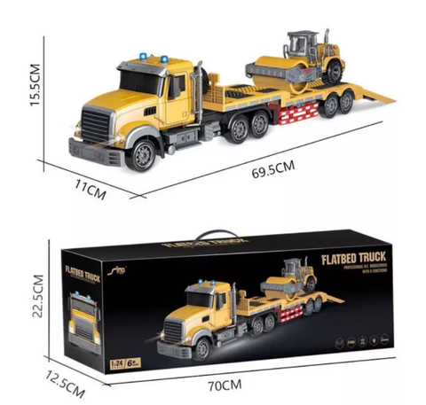 Đồ chơi xe tải container điều khiển từ xa cho bé xe đầu kéo rc chở xe lu tỉ lệ 1:24 có đèn led, âm thanh sống động