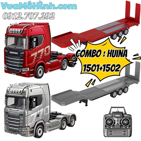 Combo:Xe tải đầu kéo điều khiển từ xa Huina 1501 + 1502 tỉ lệ 1/18 2.4G siêu mạnh 19CH xe Móc Huina1501 Scania 770S V8 Truck Huina 501 có âm thanh, đèn mạnh vô đối.