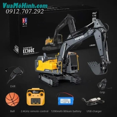 Máy Xúc Điều Khiển Từ Xa Volvo E598-001 – RC Excavator 1:16, Gầu Hợp Kim 3-trong-1 , 17 Kênh