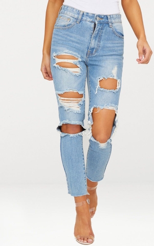 Light Wash Extreme Distressed Mom Jean