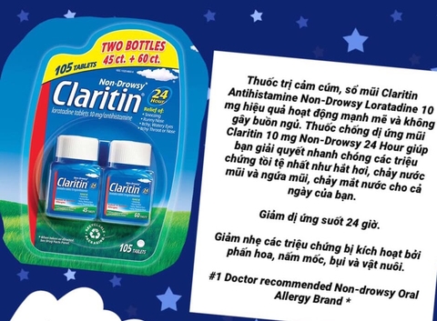 Trị cảm cúm, sổ mũi Claritin Antihistamine Non-Drowsy Loratadine 10mg 105 viên