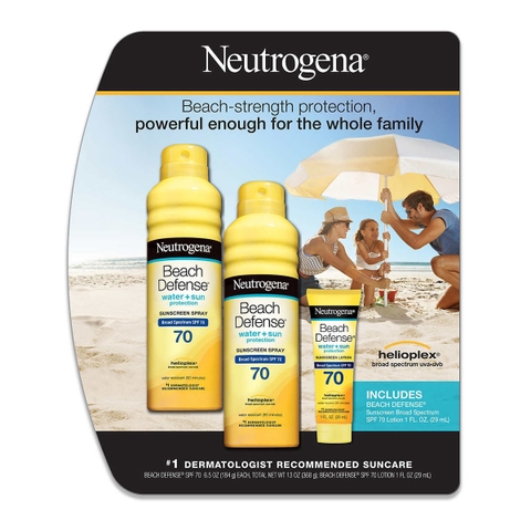 COMBO CHỐNG NẮNG NEUTROGENA BEACH DEFENSE SUNSCREEN SPRAY SPF 70 - 2 PACK 6.5 OZ + 1 OZ. LOTION