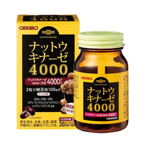Viên Uống Chống Đột Quỵ Tai Biến NATTO KINASE 2000FU Orihiro, chống đột quỵ 2000 FU Orihiro 60 viên