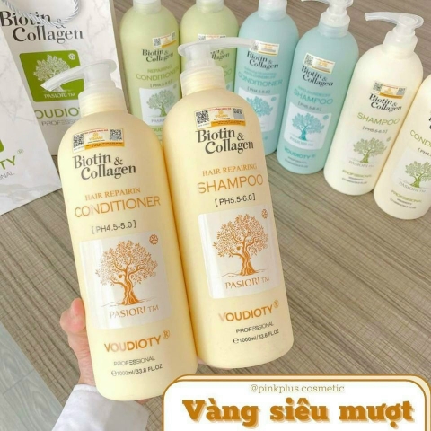 COMBO DẦU GỘI XÃ BIOTIN COLLAGEN  𝐇𝐚𝐢𝐫 𝐑𝐞𝐩𝐚𝐢𝐫𝐢𝐧𝐠 (Màu vàng): Siêu mềm mượt  PHỤC HỒI CHỐNG RỤNG TÓC 1000ML