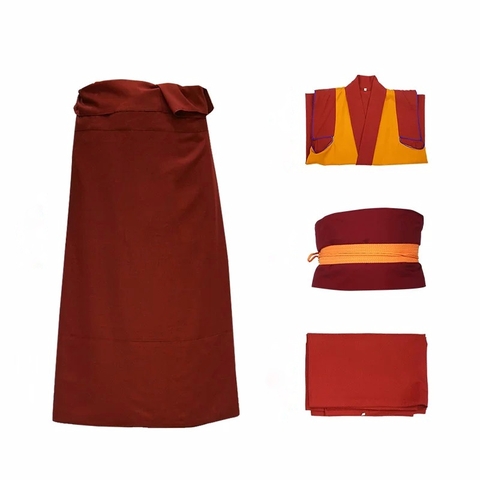 [Bộ 4 món] Trang phục tu sĩ Lạt Ma gồm khăn choàng len, khăn choàng cashmere Tây Tạng, áo gi lê Dongga, váy và bộ thắt lưng.