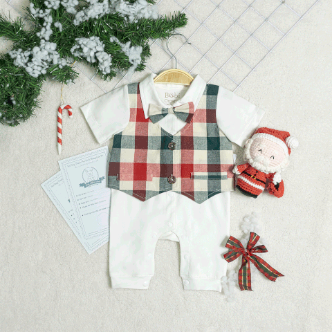 Quần áo trẻ em Bobicraft - Romper gile caro đỏ bé trai - Cotton hữu cơ organic an toàn