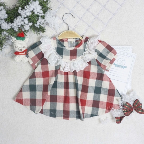 Quần áo trẻ em Bobicraft - Áo đầm caro phối ren - Cotton hữu cơ organic an toàn