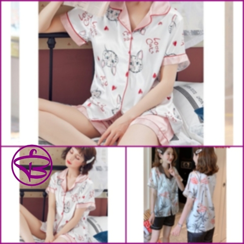 Bộ ngủ Pijama quần đùi trơn áo họa tiết tay ngắn chất lụa