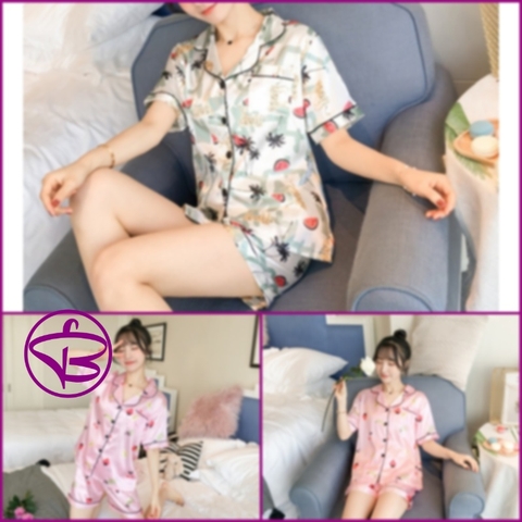 Bộ ngủ pijama nữ vải lụa quần đùi tay ngắn họa tiết