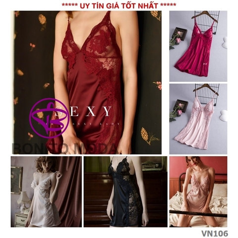 Đầm ngủ nữ đẹp - Váy ngủ 2 dây chất lụa satin cao cấp phối ren hoa gợi cảm