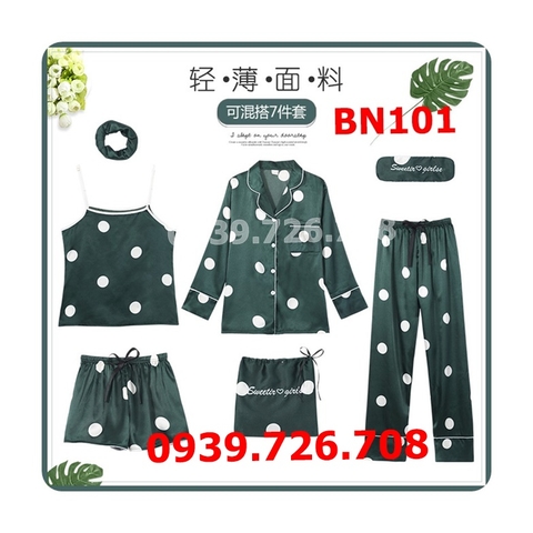 Bộ ngủ pijama lụa 7 món chấm bi lớn