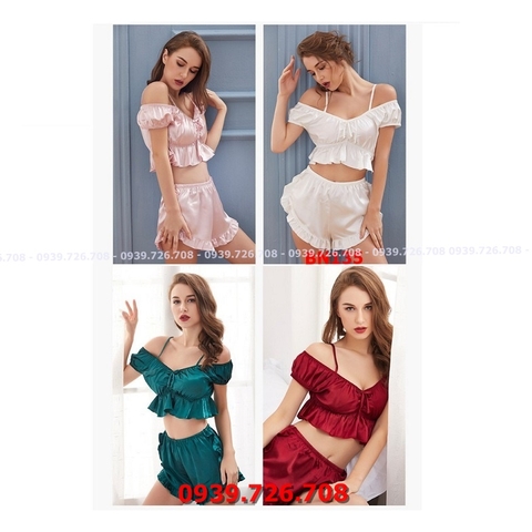 Đồ ngủ nữ - Bộ ngủ mặc nhà quần đùi áo croptop trễ vai chất lụa satin đẹp sexy quyến rũ