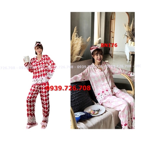 Bộ ngủ lụa satin pijama quần dài hoạt tiết cơ chuồn có túi quần hàng cao cấp