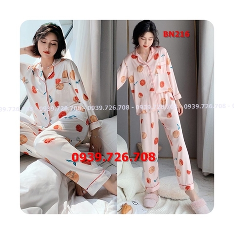 Bộ ngủ pijama lụa satin quần dài tay dài hình trái cam hàng cao cấp