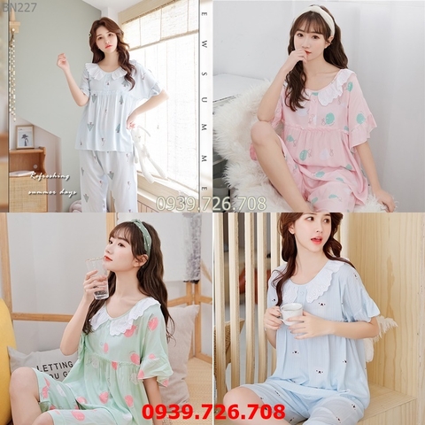 Đồ ngủ nữ - Đồ bộ lửng có tay mặc nhà đẹp chất cotton lụa mịn mát phối ren công chúa MÀU xanh và hồng