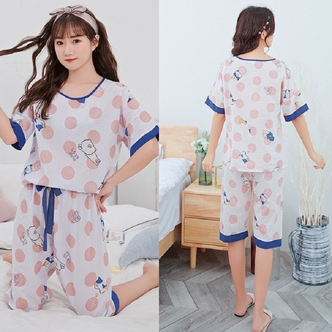 Bộ lửng mặc nhà - Đồ ngủ nữ tay lửng chất vải cotton crepe mịn thoáng mát hàng đẹp chuẩn MÀU xanh và vàng